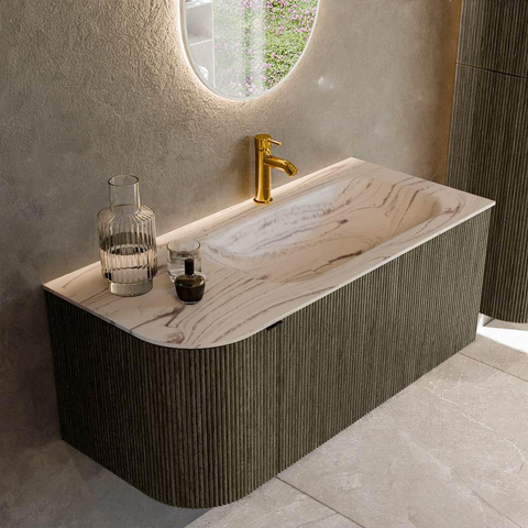 MONDIAZ KURVE-DLUX Meuble de salle de bains 105cm arrondi à gauche couleur Shadow avec 1 tiroir et 1 porte. Lavabo BIG SMALL à droite 1 trou de robinet Nata. SW1432294