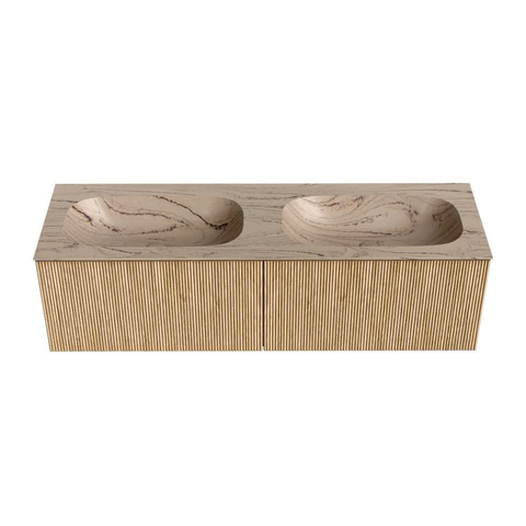 MONDIAZ KURVE-DLUX 150cm badmeubel kleur Oak met 2 lades en 0 deuren. Wastafel STOR SMALL Dubbel 2 kraangaten Arena. SW1431193