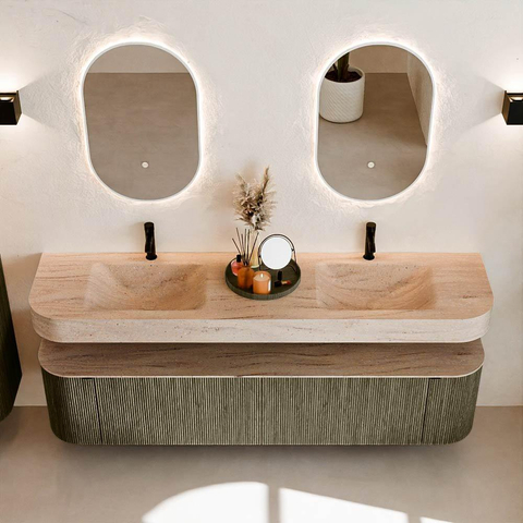 MONDIAZ THOR-DLUX Meuble de salle de bains - 190cm - arrondi gauche + droite - couleur Shadow - 2 tiroirs et 2 portes - Lavabo suspendu CLOUD Double 2 trous de robinet - couleur Saba SW1466699