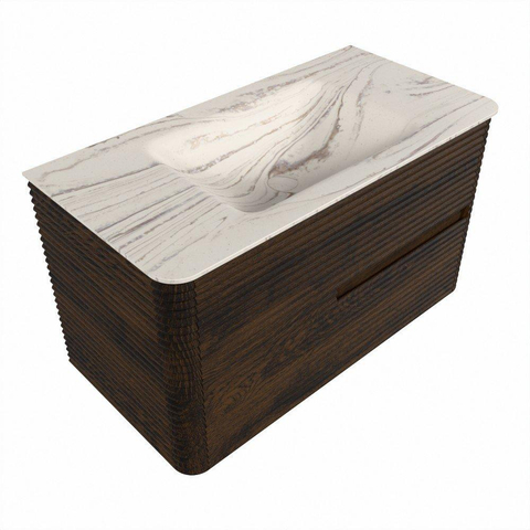 Mondiaz CIRO-DLUX Ensemble de meubles de salle de bains - 90x45x50cm - lavabo solid surface Nata - 1 vasque au milieu - sans trous de robinet - 2 tiroirs - Noyer SW1530552