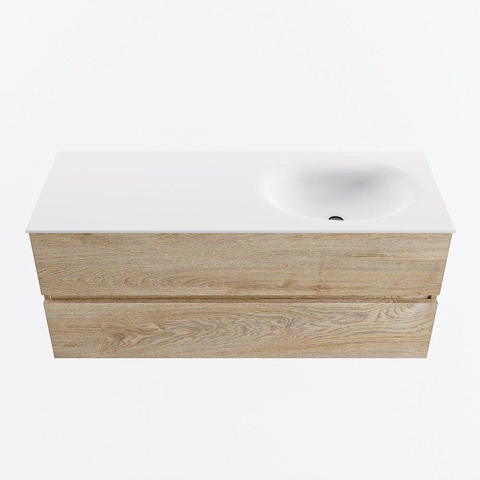 MONDIAZ VICA meuble sous lavabo 120cm Chêne blanchi 2 tiroirs. Lavabo MOON droite 1 trou de robinet, couleur Talc. SW1381935