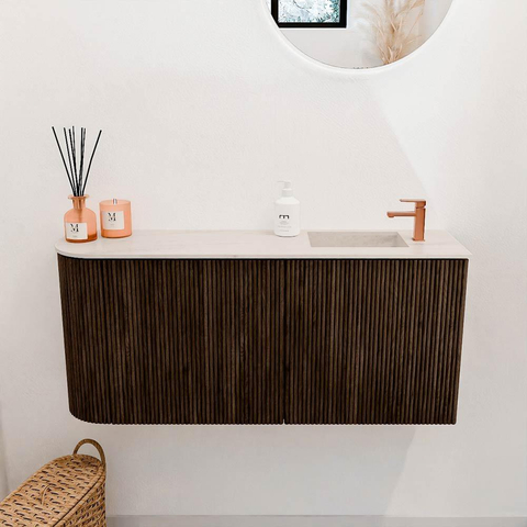 Mondiaz JOYA-DLUX 91.6cm toiletmeubel - ronding links kleur Walnut - Wastafel FAYE positie Rechts 1 kraangat kleur Meli. SW1424440