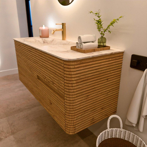 Mondiaz CIRO-DLUX Ensemble de meubles de salle de bains - 120x45x50cm - lavabo en solid surface Frappe - 1 vasque à gauche - 1 trou de robinet - 2 tiroirs - Chêne SW1530842