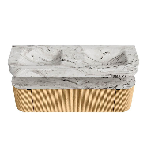 MONDIAZ THOR-DLUX 150cm badmeubel ronding links + rechts kleur Oak met 1 lade en 2 deuren. Vrijhangende wastafel CLOUD Dubbel zonder kraangat kleur Glace. SW1464653