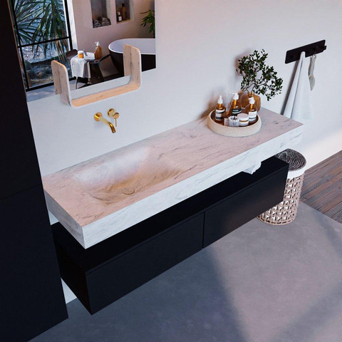 Mondiaz ALAN-DLUX Ensemble de meuble - 150cm - meuble Urban mat - 2 tiroirs - Lavabo Cloud Opalo suspendu - vasque Gauche - 0 trous de robinet SW806333