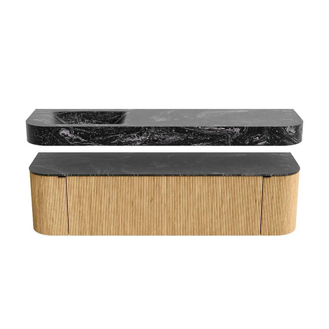 MONDIAZ THOR-DLUX 170cm badmeubel ronding links + rechts kleur Oak met 1 lade en 2 deuren. Vrijhangende wastafel CLOUD Links zonder kraangat kleur Lava. SW1465460