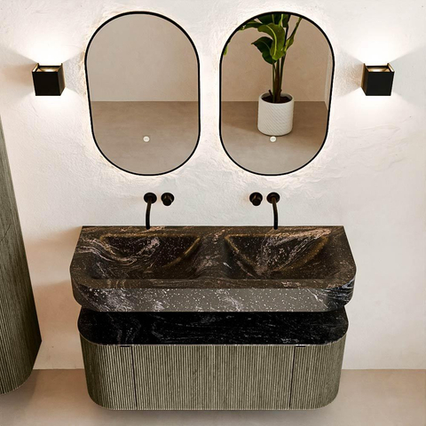 MONDIAZ THOR-DLUX 120cm meuble de salle de bains arrondi gauche + droite couleur Shadow avec 1 tiroir et 2 portes. Vasque suspendue CLOUD Double sans trou de robinet couleur Lava. SW1463153