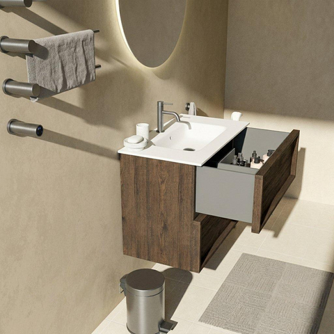 Saniclass Holz Frame Badkamermeubelset - 80x45x61.5cm - Flow solid surface wastafel wit - 1 wasbak - 1 kraangat - 2 lades - mat eiken charcoal (hout) SW1580110