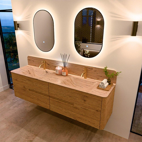 Mondiaz CIRO-DLUX Meuble de salle de bains - 180x45x50cm - Plan-vasque solid surface Arena - 2 vasques Double - 2 perçages de robinetterie - 4 tiroirs - Chêne SW1531369