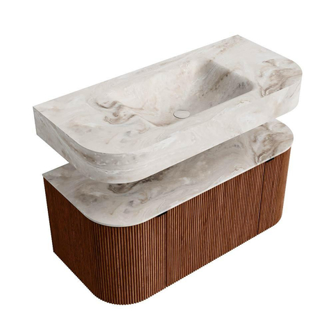 MONDIAZ THOR-DLUX Meuble de salle de bains - 100cm - arrondi gauche + droite - couleur Ruby - 1 tiroir - 2 portes - Vasque suspendue CLOUD Centre sans trou de robinet - couleur Frappe SW1467362