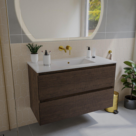 Saniclass Holz Atelier Meuble de salle de bain - 100x45x60cm - lavabo en céramique blanc - 1 vasque - sans trous de robinet - 2 tiroirs - Charcoal SW1437728