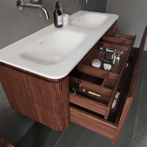 Royal Plaza Terra Edge Ensemble meuble de salle de bains - 120x44.7x46cm - vasque en solid surface blanc mat - 2 vasques - 2 trous de robinet - 2 tiroirs - châtaignier (noyer) SW1471917