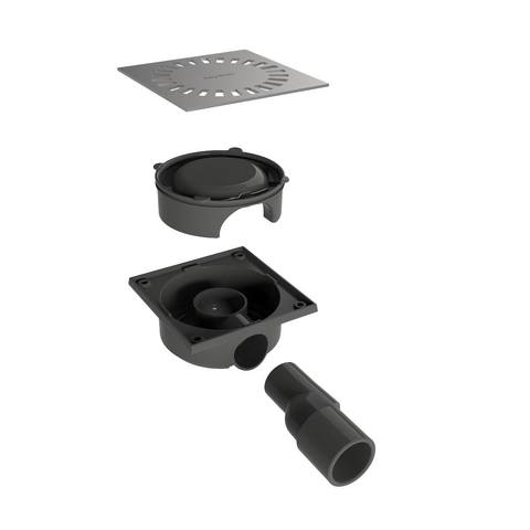 Easy Drain Aqua Compact siphon de sol avec corps de siphon en ABS grille inox et sortie latérale 15x15cm profondeur d’encastrement 60mm incl. sortie réglable Ø50/Ø40m 2302765