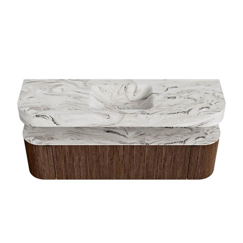 MONDIAZ THOR-DLUX 160cm badmeubel ronding links + rechts kleur Walnut met 1 lade en 2 deuren. Vrijhangende wastafel CLOUD Midden 1 kraangat kleur Glace. SW1464998