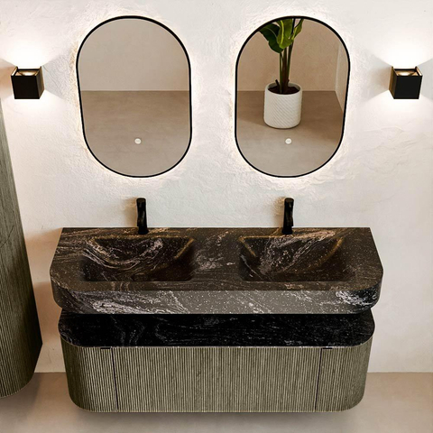 MONDIAZ THOR-DLUX 140cm meuble de salle de bains arrondi gauche + droite couleur Shadow avec 1 tiroir et 2 portes. Vasque suspendue CLOUD Double 2 trous de robinet couleur Lava. SW1464141