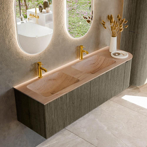 MONDIAZ KURVE-DLUX 155cm meuble de salle de bains arrondi Droite couleur Shadow avec 2 tiroirs et 1 porte. Lavabo LEAF Double / Gauche 2 trous de robinet Saba. SW1433286
