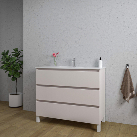Saniclass Chaci PLUS Meuble de salle de bain - 100x86x46cm - lavabo en céramique blanc - 1 vasque - 1 trou de robinet - 3 tiroirs - mat cotton (beige) SW1182424