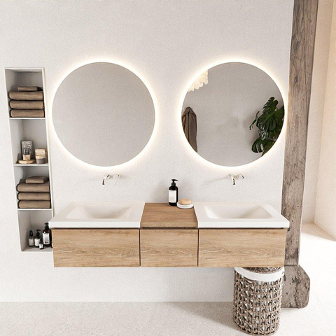 MONDIAZ BUKLA meuble de salle de bain 160cm avec module 40 couleur Chêne blanchi avec 3 tiroirs. Lavabo CLOUD double 0 trou de robinet couleur Talc. SW1382119