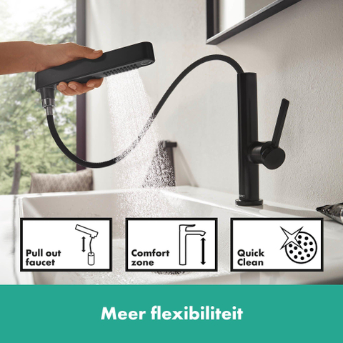 Hansgrohe Finoris Wastafelkraan - 230 - 2jet - met uittrekbare vuistdouche - met afvoerplug - mat zwart SW651140
