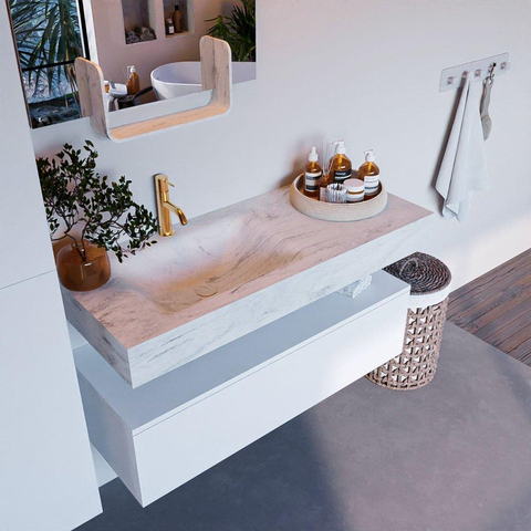 Mondiaz ALAN-DLUX Ensemble de meuble - 110cm - meuble Talc mat - 1 tiroir - Lavabo Cloud Opalo suspendu - vasque Gauche - 1 trou de robinet SW806135