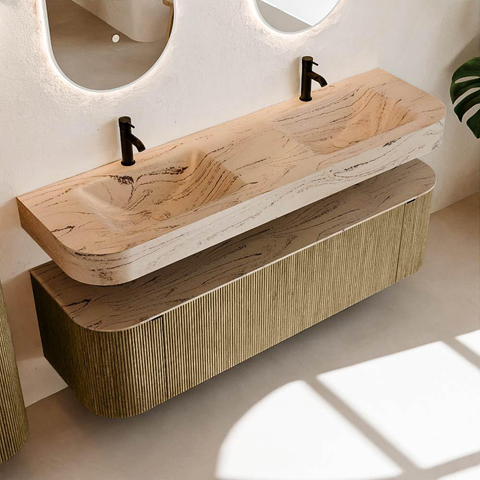 MONDIAZ THOR-DLUX 160cm meuble de salle de bains arrondi gauche + droite couleur Dusk avec 1 tiroir et 2 portes. Vasque suspendue CLOUD Double 2 trous de robinet couleur Arena. SW1465139