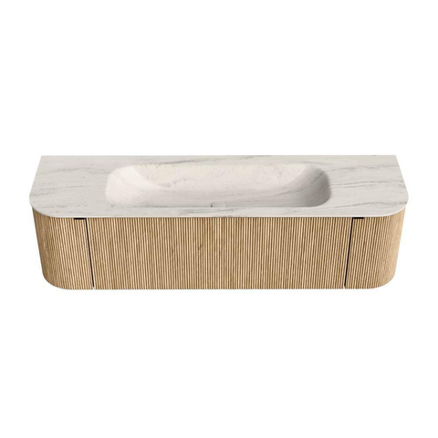 MONDIAZ KURVE-DLUX 160cm badmeubel ronding Links + Rechts kleur Oak met 1 lade en 2 deuren. Wastafel BIG MEDIUM Midden zonder kraangat Meli. SW1431621