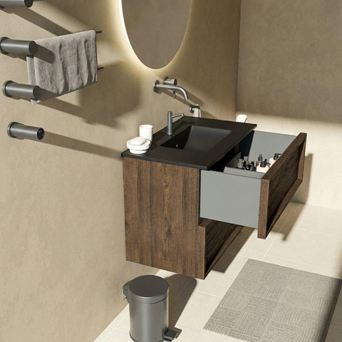 Saniclass Holz Frame Badkamermeubelset - 80x45x62cm - Vygo keramische wastafel zwart - 1 wasbak - zonder kraangat - 2 lades - mat eiken charcoal (hout) SW1580003