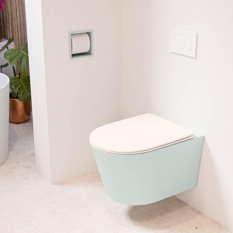 Mondiaz LAVIE hangtoilet – spoelrandloos – 36 x 53 cm – met softclose zitting – Greey (lichtgroen/grijs), zitting Rosee (roze) SW1208686