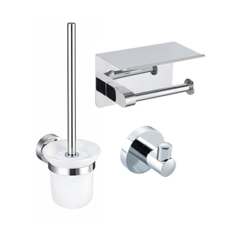 Fortifura Calvi Toiletset - toiletrolhouder - met klep- toiletborstel - handoekhaak - hoogglans chroom SW1390017