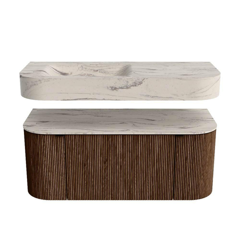 MONDIAZ THOR-DLUX 110cm badmeubel ronding links + rechts kleur Walnut met 1 lade en 2 deuren. Vrijhangende wastafel CLOUD Links zonder kraangat kleur Nata. SW1462935