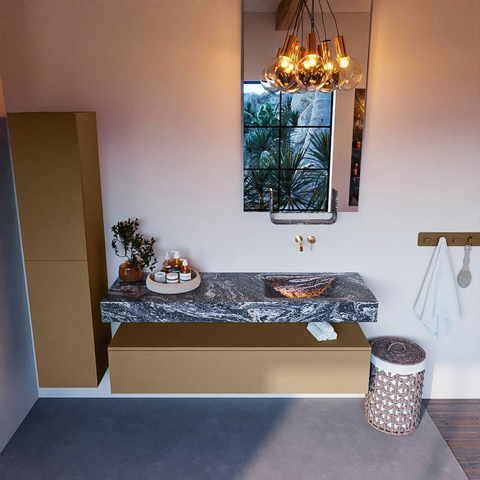 Mondiaz ALAN-DLUX Ensemble de meuble - 150cm - meuble Oro mat - 1 tiroir - Lavabo Cloud Lava suspendu - vasque Droite - 0 trous de robinet SW809234
