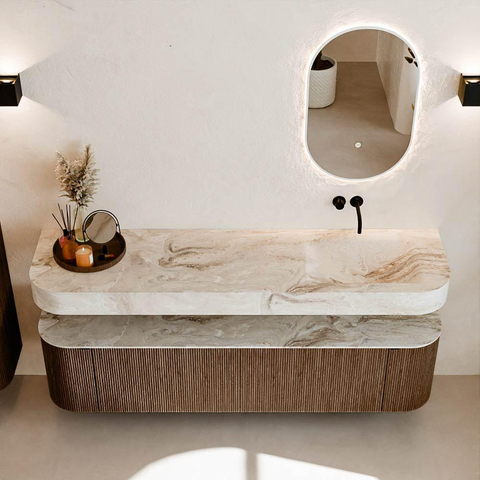 MONDIAZ THOR-DLUX 180cm meuble de salle de bains arrondi gauche + droite couleur Walnut avec 2 tiroirs et 2 portes. Vasque suspendue CLOUD Droite sans trou de robinet couleur Frappe. SW1465951