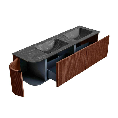 Mondiaz KURVE-DLUX Ensemble de meuble de salle de bains - 155x46x40cm - 2 tiroirs - 1 porte - vasque solid surface - double / droite - sans trou de robinet - Ruby SW1416008