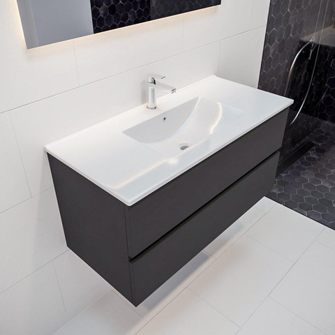 ENSEMBLE DE MEUBLE MONDIAZ VICA - 100cm - 2 tiroirs - lavabo Denia central - 1 trou de robinet - solid surface gris foncé SW409858