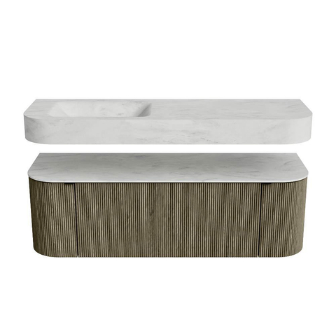 MONDIAZ THOR-DLUX 140cm meuble de salle de bains arrondi gauche + droite couleur Shadow avec 1 tiroir et 2 portes. Vasque suspendue CLOUD Gauche sans trou de robinet couleur Opalo. SW1464202