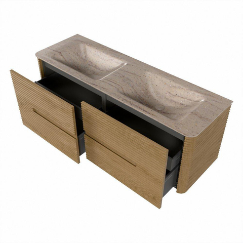 Mondiaz CIRO-DLUX Ensemble de meubles de salle de bains - 140x45x50cm - Plan vasque solid surface Saba - 2 vasques double - 2 trous de robinetterie - 4 tiroirs - Chêne SW1531201