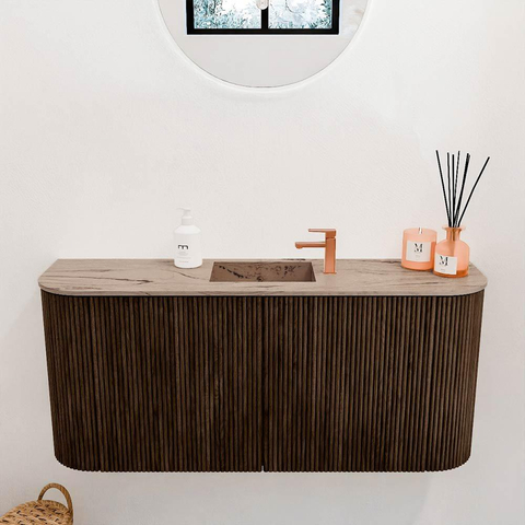 Mondiaz JOYA-DLUX Meuble de salle de bains 93.2cm - arrondis gauche et droite couleur Noyer - Vasque FAYE position Milieu 1 trou de robinet couleur Arena SW1424395