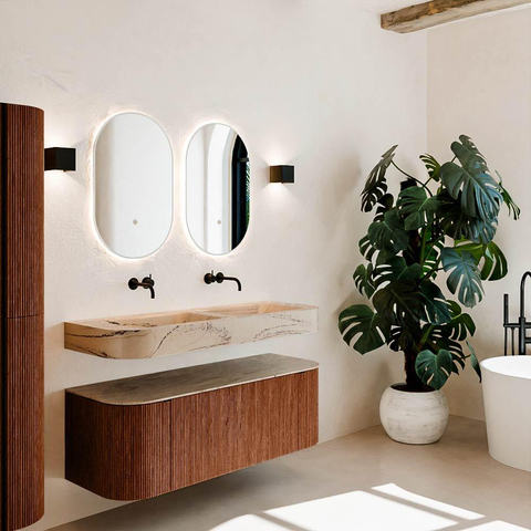 MONDIAZ THOR-DLUX 130cm meuble de salle de bains arrondi gauche + droite couleur Ruby avec 1 tiroir et 2 portes. Vasque suspendue CLOUD Double sans trou de robinet couleur Arena. SW1463796