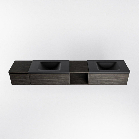 MONDIAZ BUKLA 240cm ensemble de meuble avec module ouvert 40 à droite couleur Marron Foncé avec 3 tiroirs. Lavabo CLOUD double 2 trous de robinet couleur Urban. SW1382257