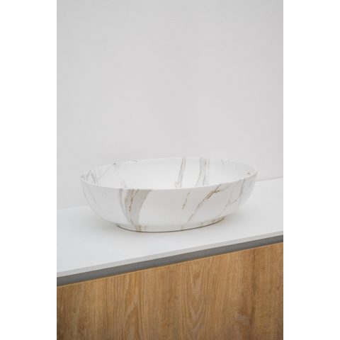Riho Marmic Oval vasque à poser 52x39.5x13cm Céramique ovale marbre blanc mat SW760809
