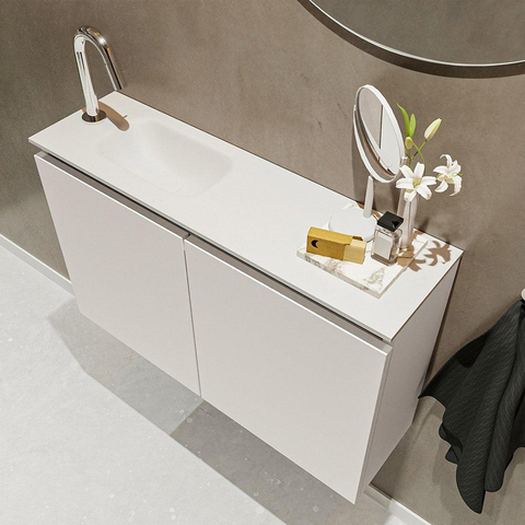 MONDIAZ TURE Kit lave-mains - 80x23x50cm - 1 trou de robinet - 2 portes - lin mat - Lavabo à gauche - Solid Surface Blanc SW475089