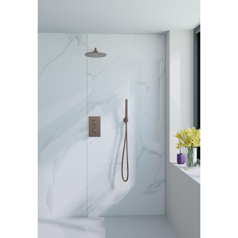 FugaFlow Eccelente Acces Ensemble de douche de tête encastré - thermostatique - bras mural - douche de tête 25cm - douchette à barre - flexible de douche métallique - cuivre brossé PVD SW1450667