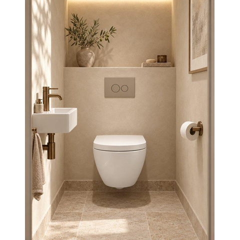 QeramiQ Dely Swirl Compact Toiletset - inbouwreservoir QeramiQ flush - 25mm zitting - kunststof bedieningsplaat taupe - ronde knoppen - glans wit SW1590637