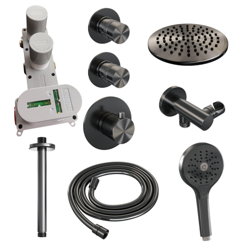 Brauer Gunmetal Edition Ensemble de douche pluie encastré - douche principale 20cm - bras plafond - 3 boutons lisses - douchette ronde 3 positions - PVD - gunmetal brossé SW715853