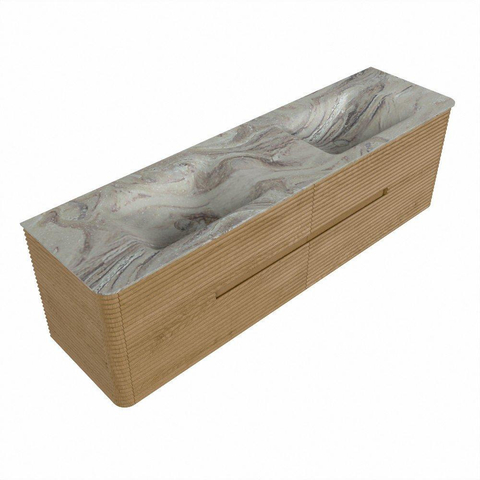 Mondiaz CIRO-DLUX Meuble de salle de bains - 170x45x50cm - Plan-vasque Solid surface Glace - 2 vasques Double - sans trous de robinet - 4 tiroirs - Chêne SW1533781