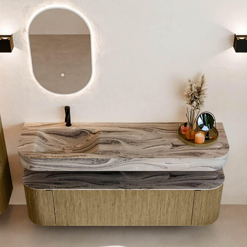 MONDIAZ THOR-DLUX 160cm meuble de salle de bains arrondi gauche + droite couleur Dusk avec 1 tiroir et 2 portes. Vasque suspendue CLOUD Gauche 1 trou de robinet couleur Sombra. SW1465381