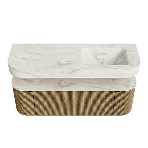 MONDIAZ THOR-DLUX 140cm meuble de salle de bains arrondi gauche + droite couleur Dusk avec 1 tiroir et 2 portes. Vasque suspendue CLOUD Droite 1 trou de robinet couleur Ostra. SW1464215