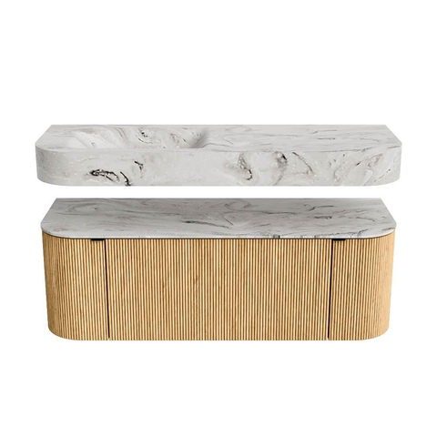 MONDIAZ THOR-DLUX 130cm badmeubel ronding links + rechts kleur Oak met 1 lade en 2 deuren. Vrijhangende wastafel CLOUD Links 1 kraangat kleur Glace. SW1463550