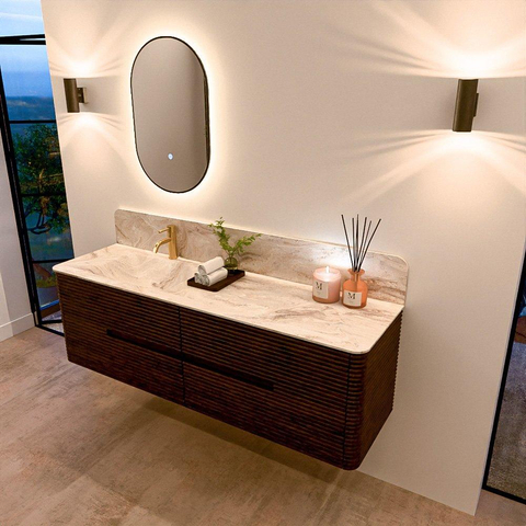 Mondiaz CIRO-DLUX Badkamermeubelset - 160x45x50cm - Solid surface wastafel Frappe - 1 wasbak Links - 1 kraangat - 4 lades - Walnut SW1530203
