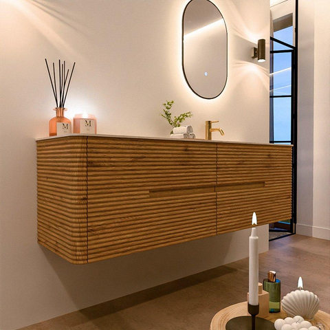 Mondiaz CIRO-DLUX Meuble de salle de bains - 160x45x50cm - Plan vasque solid surface Meli - 1 vasque à droite - 1 trou de robinet - 4 tiroirs - Chêne SW1531397